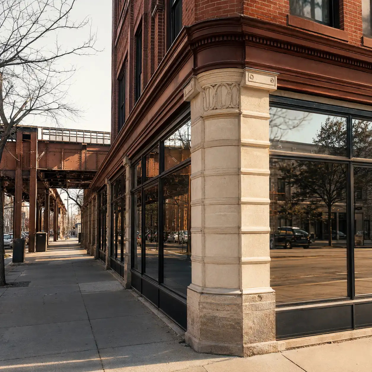 Chicago neighborhood storefronts and elevated railway