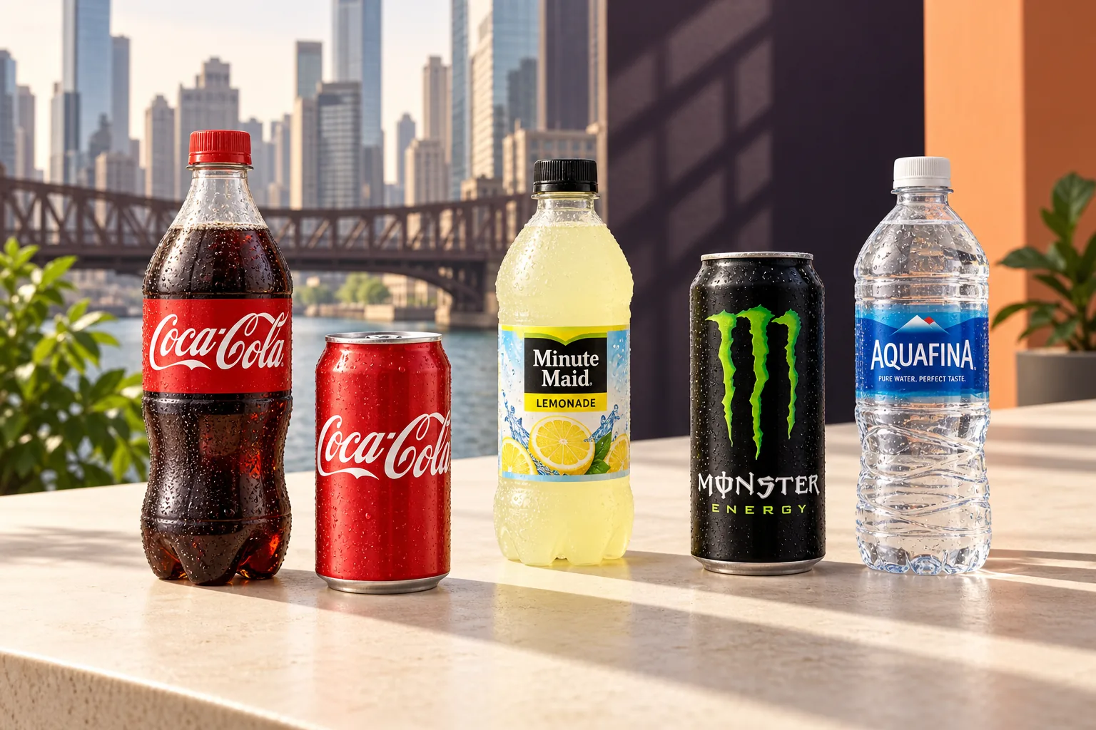 Illustrated assortment of Coca-Cola, Minute Maid, Monster, and Aquafina beverages