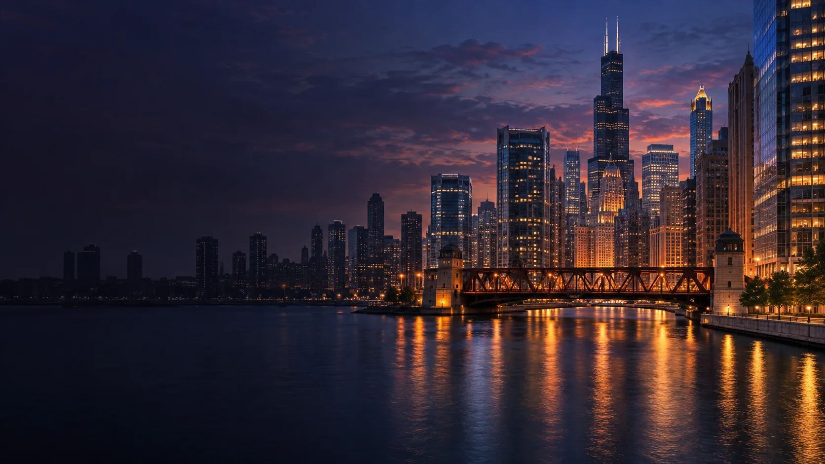 Chicago-inspired riverfront skyline at blue hour