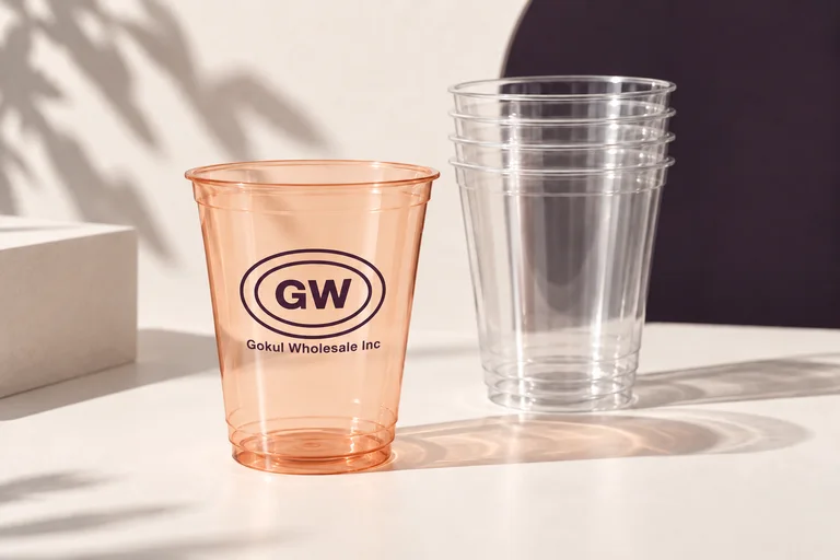 Custom plastic cup concept with the Gokul Wholesale GW oval logo beside a stack of clear cups