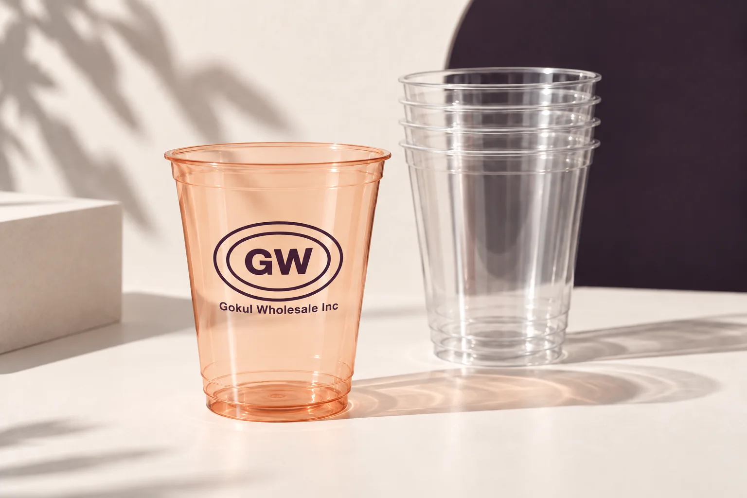 Custom plastic cup concept with the Gokul Wholesale GW oval logo beside a stack of clear cups