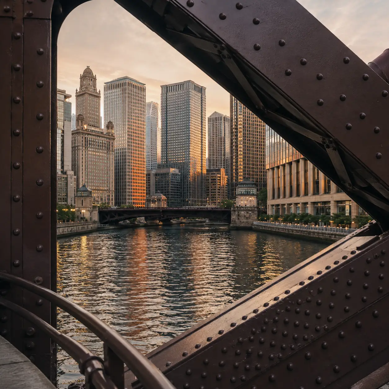 Chicago River bridge and downtown architecture